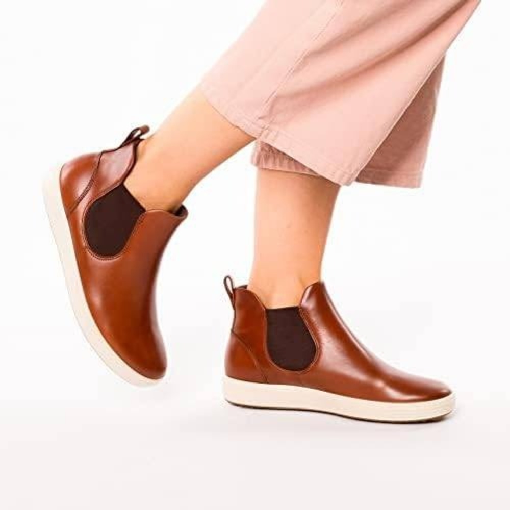 ECCO Soft Chelsea Ankle Boots Slip On Leather Cognac Brown Gore Side Womens‎ 8.5